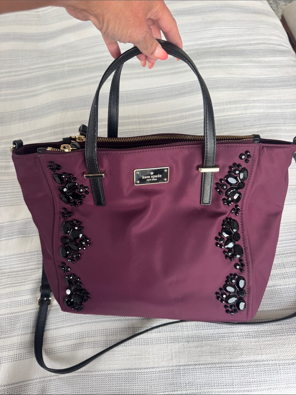 kate spade plum tote with black handles and jeweled accents - Picture 5 of 6